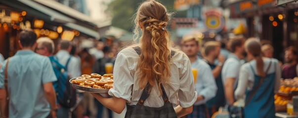 Woman in dirndl carrying a tray of pretzels and beers through the Oktoberfest crowd.