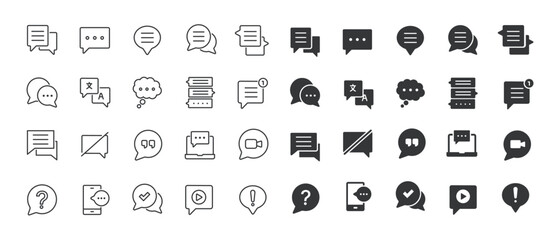 Speech bubble thin line and glyph solid icons collection. Editable stroke. Containing chat, dialogue, communication, talking, information icons.