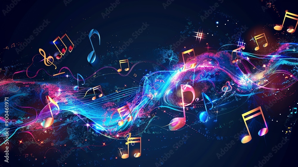 Wall mural an abstract musical background with colorful notes and a glowing wave.