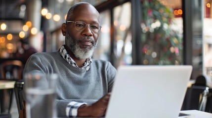 Obraz premium African american man in his 50s working on laptop in the cafe