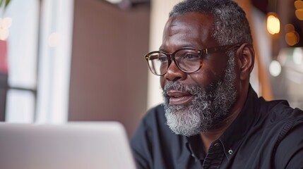 A middle aged African American man using a laptop in a coffee shop.