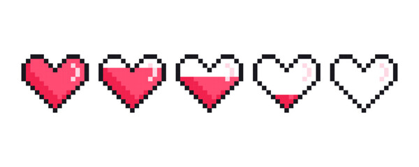 Pixel hearts game life bar. Game progress bars, life level, 8-bit indicators of health, life level charts measurement. Vector art 8 bit health heart bar.