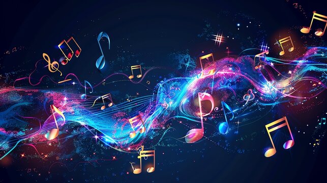 An abstract musical background with colorful notes and a glowing wave.