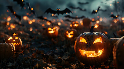 Halloween pumpkins glowing with carved scary faces and bats flying in the night sky