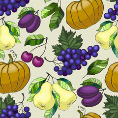 Vector fruit seamless pattern in hand-drawn style. Vector repeat background for colorful cherry, pears and apples. Autumn harvest illustration.