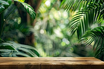 Obraz premium Wood tabletop podium floor in outdoors tropical garden forest blurred green leaf plant nature background.Natural product placement pedestal stand display,jungle paradise concept with generative ai