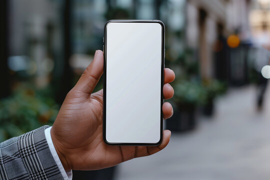 A mobile phone held in business man hand, with the screen facing the viewer and displaying a blank white screen