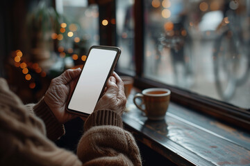 A mobile phone held in an old person’s hand, with the screen facing the viewer and displaying a blank white screen
