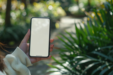 A mobile phone held in woman’s hand, with the screen facing the viewer and displaying a blank white screen