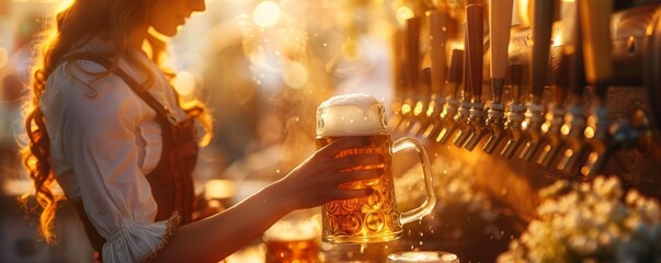 Obraz premium Woman in dirndl pouring frothy beer from a keg into traditional steins.