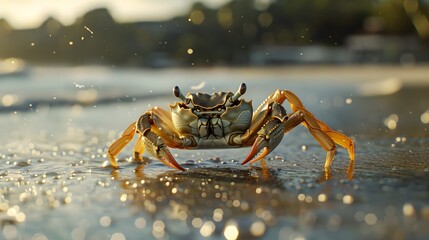 Fototapeta premium Close up photo, front view of a big crab standing on the sand of a beach.