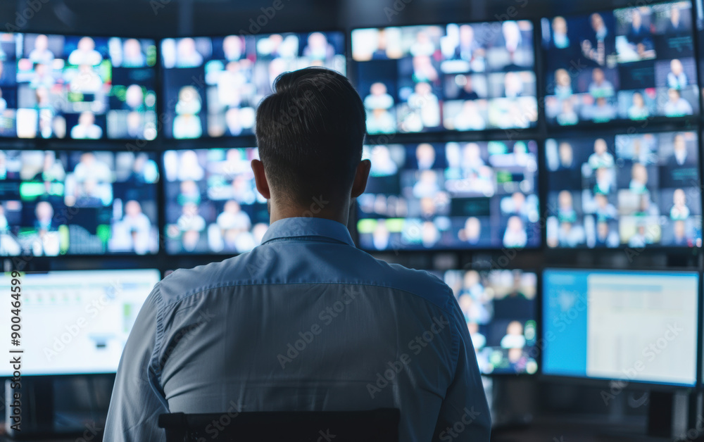 Poster man monitoring multiple screens in a control room, showcasing technology, surveillance, and data ana