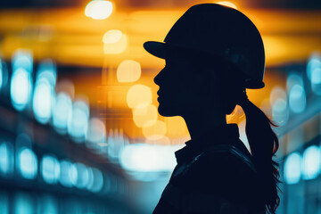 Silhouette of woman engineer in hard hat with blurred industrial lights background. Concept of female professionals in engineering and construction.