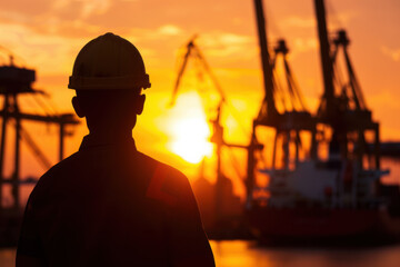 Silhouette of a dock worker wearing a helmet, standing in front of cranes and a ship at a port during a vibrant sunset.