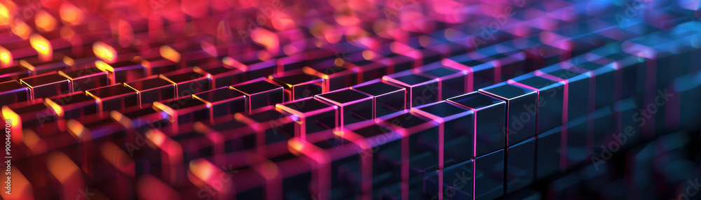 Poster abstract of colorful, illuminated cubes in a pattern, creating a futuristic and vibrant geometric ba