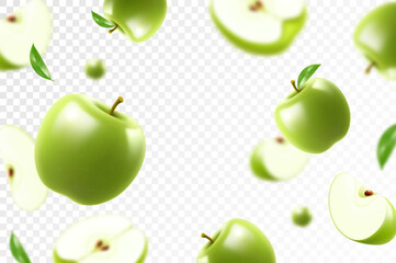 Flying green juicy apples. Bright advertising background falling green apples, realistic illustration with blurred effect. 3d vector design for advertising banners and web page design