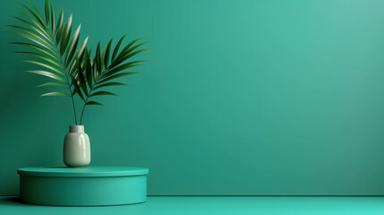 Fototapeta premium Minimalist turquoise interior with green palm leaves in a vase on a cylindrical stand. Modern decor with a vibrant and refreshing vibe.