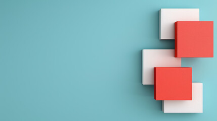 Minimalist abstract composition with red and white geometric squares against a blue background, evoking modern design aesthetics and simplicity.
