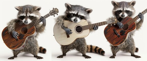 Funny raccoons musicians standing with guitars isolated on white background