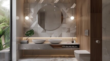 Minimalist washroom with floating vanity and geometric tiles 