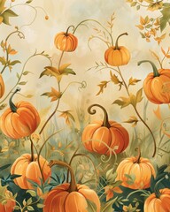 Autumnal harvest with ripe pumpkins and leaves on a vintage background.
