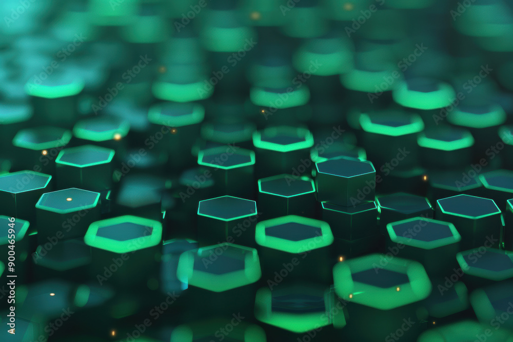 Poster close-up of glowing hexagonal shapes arranged in a grid pattern, creating an abstract, futuristic an