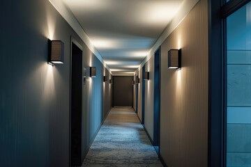 Illuminated Hotel Hallway with Modern Lighting and Doors