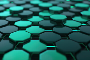 Obraz premium Abstract green hexagonal pattern with glowing edges. Modern background, geometric shapes, technology inspired, sci-fi design, high-tech visual.