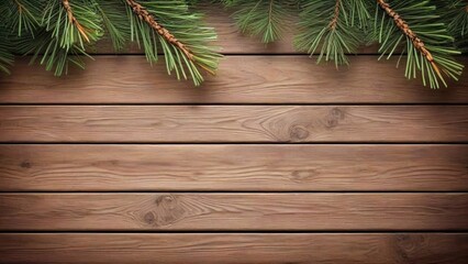 Pine Branches on Wooden Background