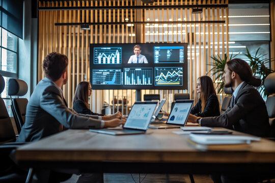 A group of business executives having a video conference in a stylish meeting room, with a large screen displaying remote colleagues and digital charts.