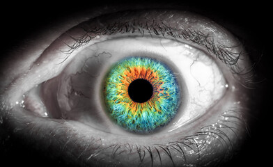 Naklejka premium Colorful Macro Eye with Rainbow Iris CloseUp stands out with vibrant and striking beauty