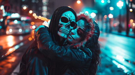 Obraz premium Pair in skull makeup and costumes embraces on a city street after dark