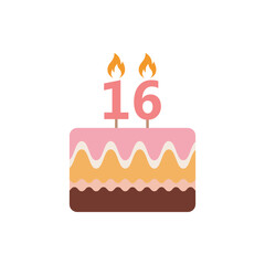Sweet 16 birthday cake vector icon, sixteen birthday cake for celebration colored vector icon for food apps and web
