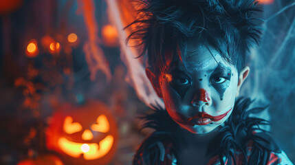 Obraz premium Boy wearing scary clown makeup is posing during an halloween party