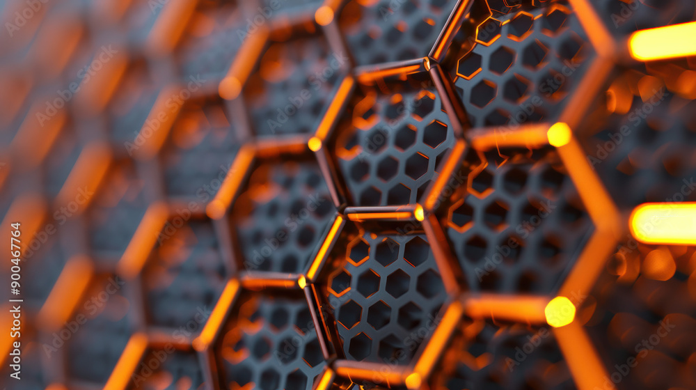 Poster close-up of futuristic hexagonal grid with orange and black illuminated pattern, showcasing modern t
