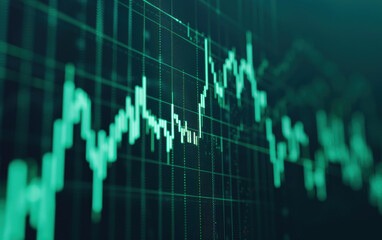 Fototapeta premium Close-up of a digital financial chart with green lines and bars displaying stock market trends and data analysis. Perfect for business and finance themes.