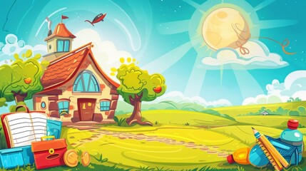 Cartoon schoolhouse with sunny sky and school supplies.
