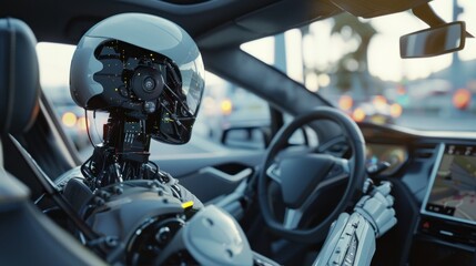 Fototapeta premium Humanoid robot driving a car on the highway