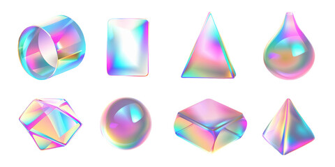 Iridescent 3D Geometric Shapes Collection. Holographic 3D Shapes Set On Isolated Background.