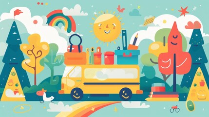 Fototapeta premium Cheerful yellow school bus with a rainbow, sun, and happy trees driving through a whimsical landscape.