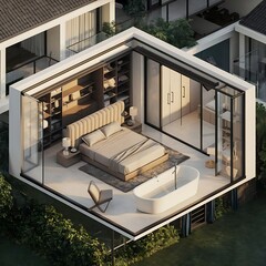 Isometric view of a master bedroom residential area, 3d rendering