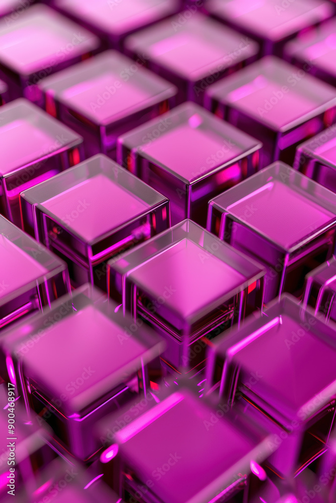 Poster close-up of abstract transparent purple cubes arranged in rows, creating a geometric and futuristic 