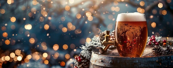 Wooden barrel with a brass tap dispensing amber beer amidst the festivities.