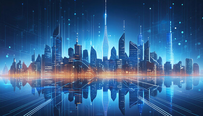 A futuristic cityscape with a digital overlay, reflecting innovation