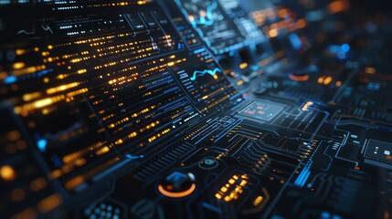 Futuristic technology background with glowing orange and blue lights.