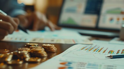 A businessman is working on his desk. He is looking at a computer screen and writing on a notepad. There are some coins on the desk.