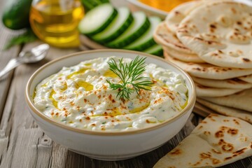 A bowl of creamy tzatziki dip, topped with a drizzle of olive oil and a sprig of dill, served with sliced cucumber and pita bread.