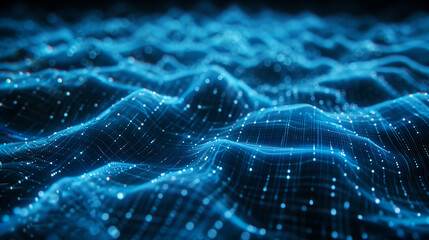 A blue background with many blue lines and dots. The lines and dots are connected to each other in a way that they form a web. The image has a futuristic and technological vibe to it