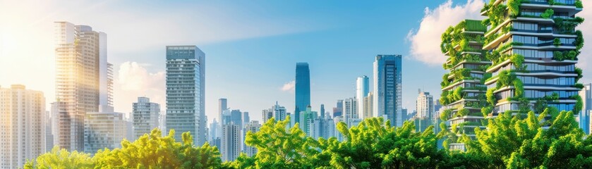 Obraz premium Vibrant skyline showcasing modern architecture and lush greenery under a bright sun, symbolizing eco-friendly urban living.