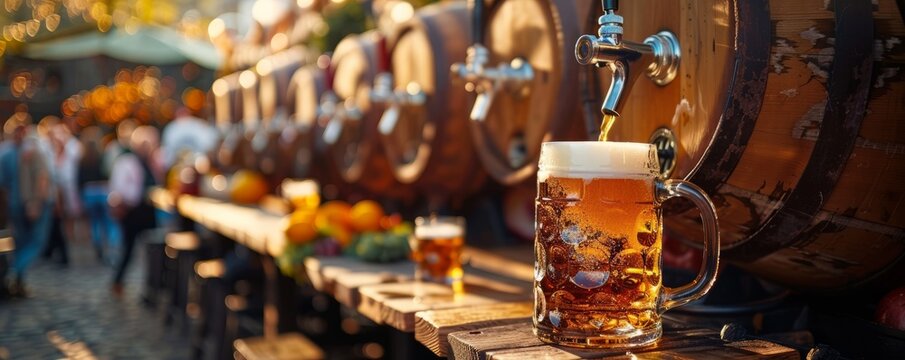 Wooden keg with a traditional tap pouring amber beer into mugs, surrounded by enthusiastic Oktoberfest festival-goers.